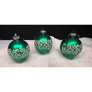 Vintage MCM Green and White Stenciled Mica Shiny Brite Christmas Ornaments